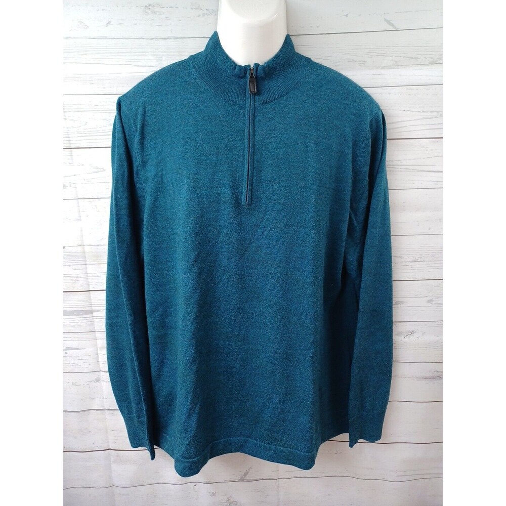 Jos A Bank Traveler Mens Sweater Blue Merino Wool 1/4 Zip Long Sleeve XL